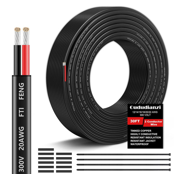 20 Gauge 2 Conductor Electrical Wire - 20 AWG Stranded PVC Cord, 12V Low Voltage Tinned Copper for Automotive Lighting