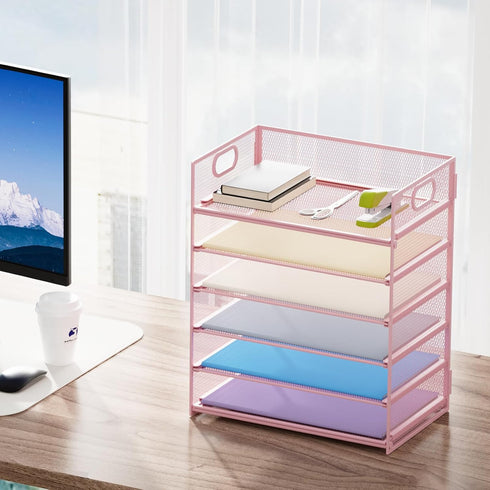 Marbrasse 6 Tier Paper Organizer Letter Tray, Mesh Desk File Organizer with Handle for Letter/A4 Office Files, Pink