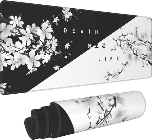Black White Cherry Blossom Mouse Pad, Japanese Sakura Extended Desk Mat 80X30 cm, Non-Slip Rubber Base for Gaming Laptop