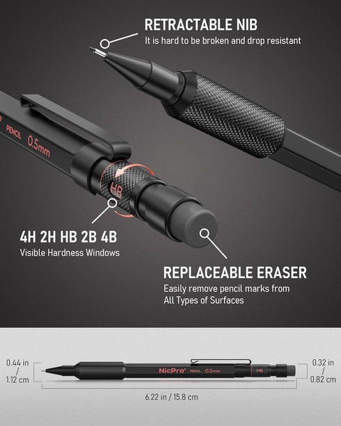Nicpro 0.5 mm Mechanical Pencil Set with Case, 3PCS MP2000 Metal Artist Pencil with Lead Refills