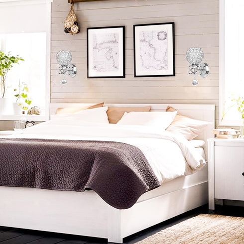 TISLYCO Silver Crystal Sconces - Modern Wall Lighting with Hanging Crystal Ball, Wall Mount Lamp for Bedroom, Living