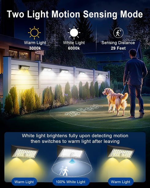 4-in-1 150 4 IP67 Solar Motion Lights Outdoor - Wide Angle, Modes, White & Warm Light, Waterproof, Fence, Wall, Step