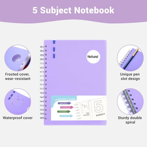 FLYING EAGLE 5 Subject Wide Ruled Spiral Notebook, 204 Pages, 7" x 10", Large Hardcover Notebooks for School