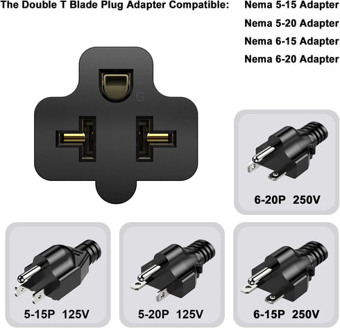 15 Amp Household AC Plug to 20 Amp Adapter, Nema 5-15P to 5-20R, 5-15P to 6-15R, T-Blade Plug Converter