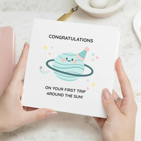 TEEMI 5x5 Inch -Congratulations Card for Babys First Birthday First Trip Around the Sun Space Planet Theme Cute Pastel