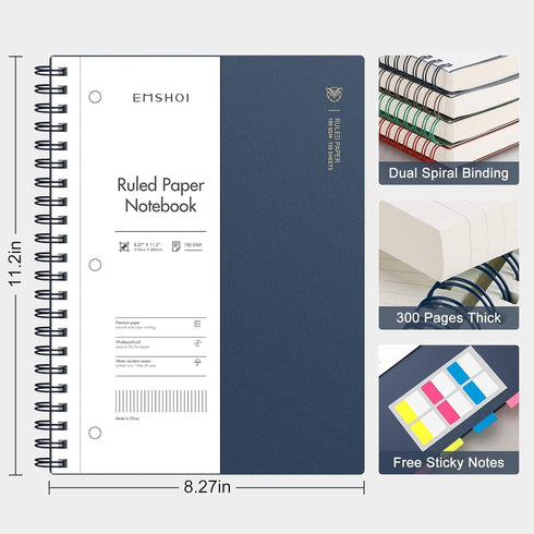 EMSHOI A4 Spiral Notebook College Ruled - 300 Pages/150 Easy Tear Perforated Sheets, 3-Hole Punched, 100gsm Thick Paper, Lined Journal for Writing Women Men Work School, 11.2"x8.27", Dark Blue by EMSHOI