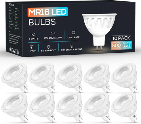 10 Pack Torkase MR16 LED Bulbs, 5W 12V, GU5.3 Bi-Pin Base, 50 Watt Equivalent, Non-Dimmable, 500-Lumen, 6000K Cool White