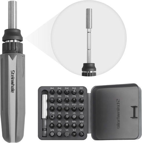 32 in 1 Ratchet Screwdriver Set with 30pcs S2 Steel Bits, Push-Eject Extension Rod, Antislip Soft Handle, and Magnetic