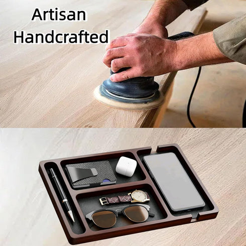 Generic Wooden Valet Tray with Leather Inlay - Key and Wallet Tray, Wooden Jewelry Tray - Nightstand Desk Organizer