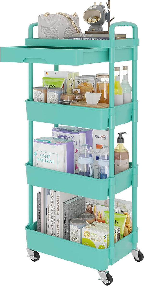 Calmootey 4-Tier Rolling Utility Cart with Drawer, Multifunctional Storage Organizer with Plastic Shelf & Metal Wheel,