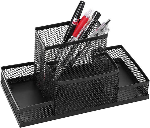Mesh Desk Organizer for Office, 4 Compartments Pen Holder with Sticky Notes Holder, Black Mesh Storage