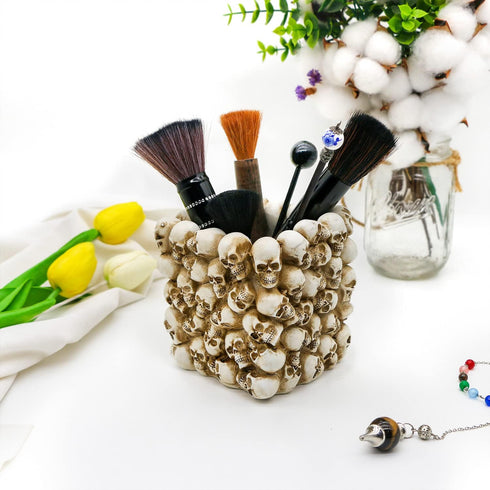 Halloween Decor Skull Pen Holder, Goth Human Skull Makeup Accessory for Desk, Gothic Pencil Cup