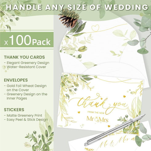 Braveriky 100 Pack 4x6 Wedding Thank You Cards with Envelopes & Stickers from the New Mr and Mrs - Watercolor Olive