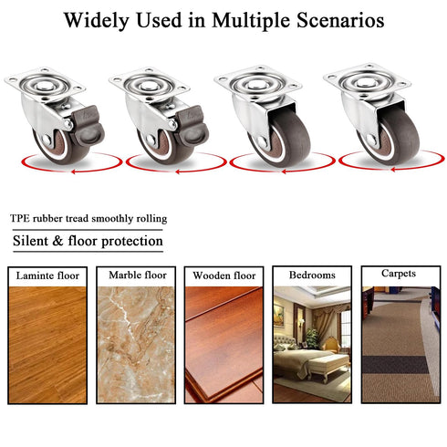 4 Pack Small Caster Wheels 2 Inch Low Profile Swivel Casters with 2 Brakes, Steel Top Plate, No Noise Ball Bearing
