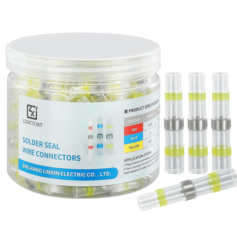LXNCTORT 150Pcs Yellow Tin Solder Seal Heat Shrink Wire Connectors, Butt Splice Waterproof Terminals A.W.G. 12-10