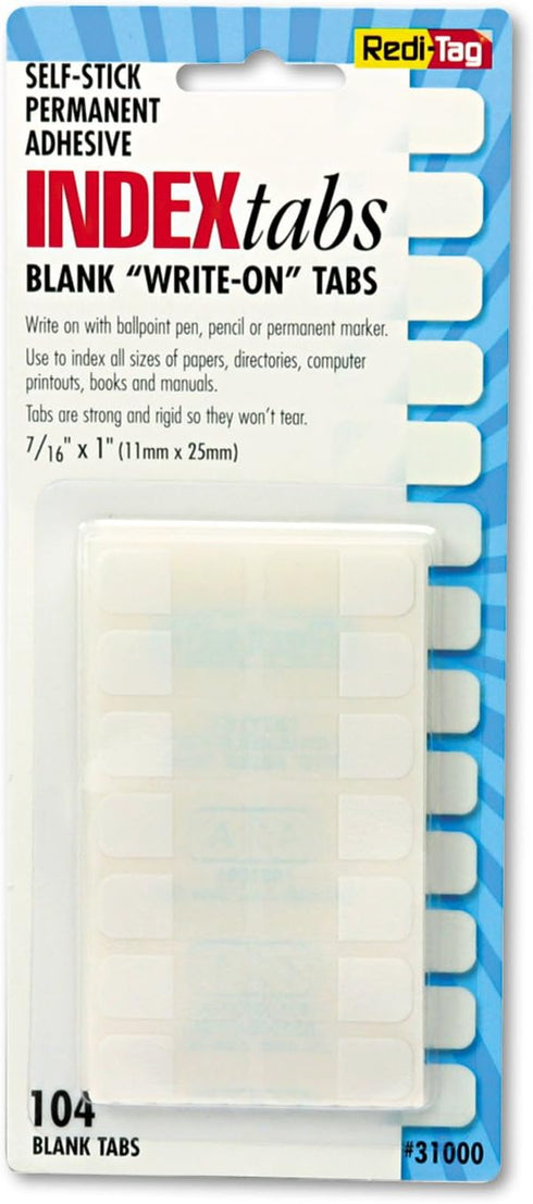 Redi-Tag 31000 Write-On Index Tabs, White, Permanent Adhesive, 104 Tabs/Pack
