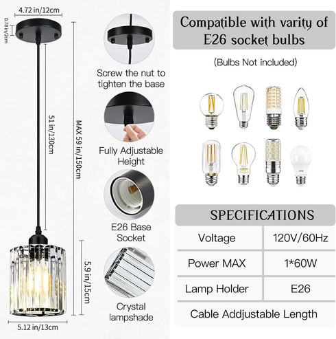 WKWKTOTO 1-Piece Pendant Lights Kitchen Island, Elegant Modern Island Lights for Kitchen with Crystal Glass Luxury