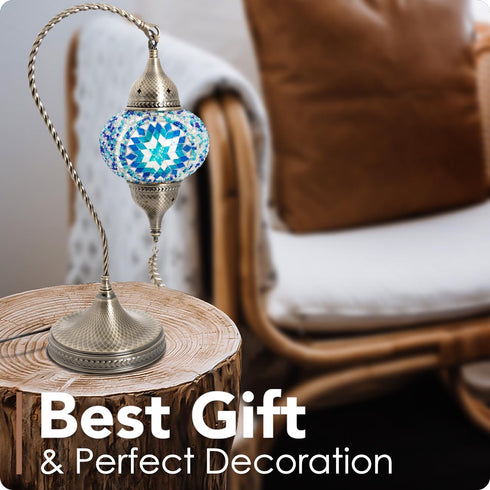 Yarra-Decor Turkish Moroccan Mosaic Table Lamp, Handmade Swan Neck Tiffany Glass Bedside Lamp, 19" (Blue2)
