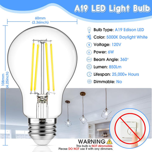 MAXvolador 60W Equivalent E26 LED Filament Light Bulbs, 850LM Daylight White, Non-Dimmable, 4-Pack