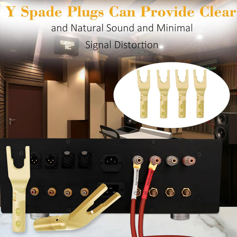 Monosaudio Speaker Spade Plug Connectors, 8pcs Pure Copper 45 Degree Screw Locking Y Spade Plug with Heat Shrink Tubes