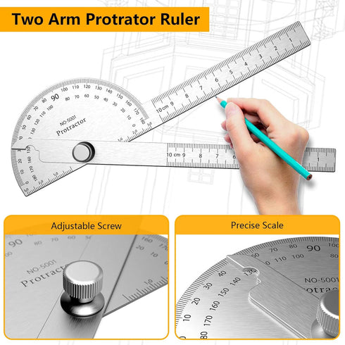 Stainless Steel Protractor, 180 Degrees Two Arm Ruler for Woodworking Angle Measure Tool