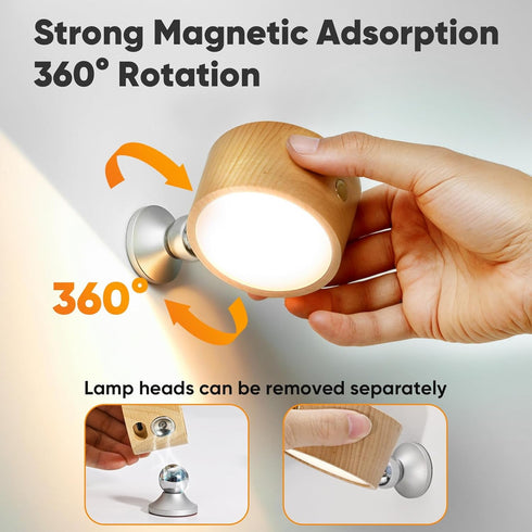 moiandtoi Set 360 Dimmable Rechargeable Wall Lights Battery Operated, Battery Wall Sconces of Two for Bedroom, Wood