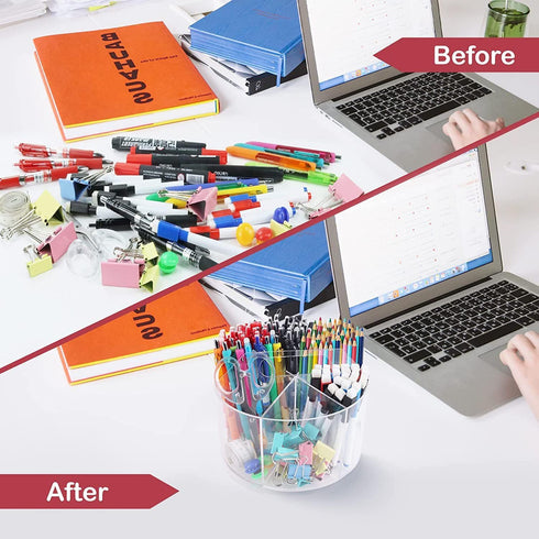 OIF Acrylic Pen Holder, 360-Degree Rotating Pencil Organizer with 6 Compartments for Kids, Office Desk