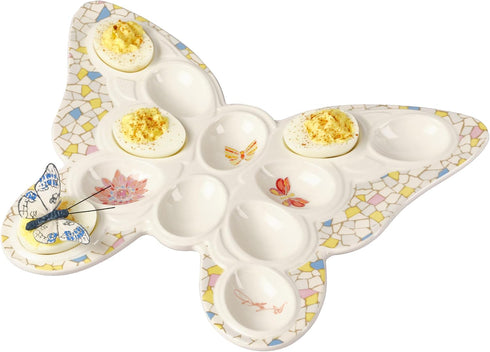 12 12.25 Inch Dolly Parton Jeweled Mosaic Butterfly Figural Deviled Egg Platter Dish, Ceramic Egg Holder Plate, Hole