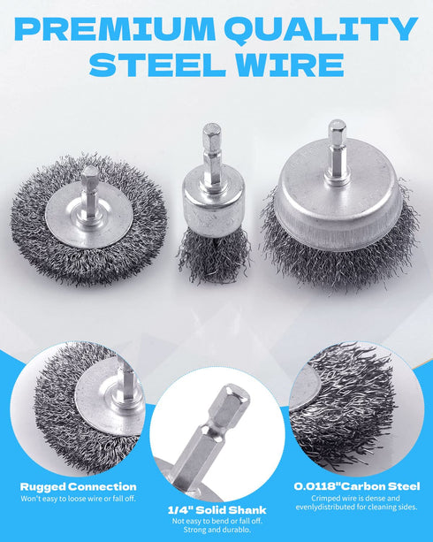 24 Set 1/4-Inch Rocaris PCS Wire Wheel Brush for Drill , Carbon Steel Drill Wire Brush with Hex Shank for Rust Removal