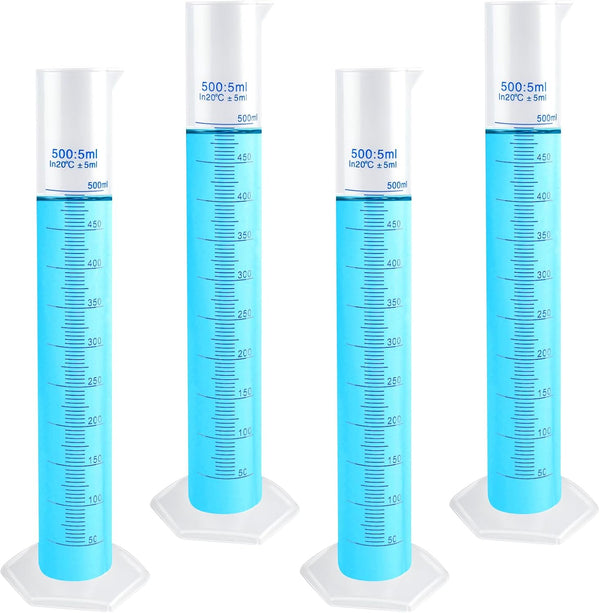 4 Packs 500ml Plastic Graduated Cylinder, Transparent Measuring Cylinder Set with Pour Spout for Science Projects