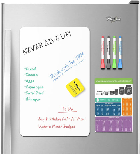 Small Magnetic Whiteboard for Fridge, 17" x 11" with Kitchen Conversion Chart Magnet, 4 Markers, 1 Eraser