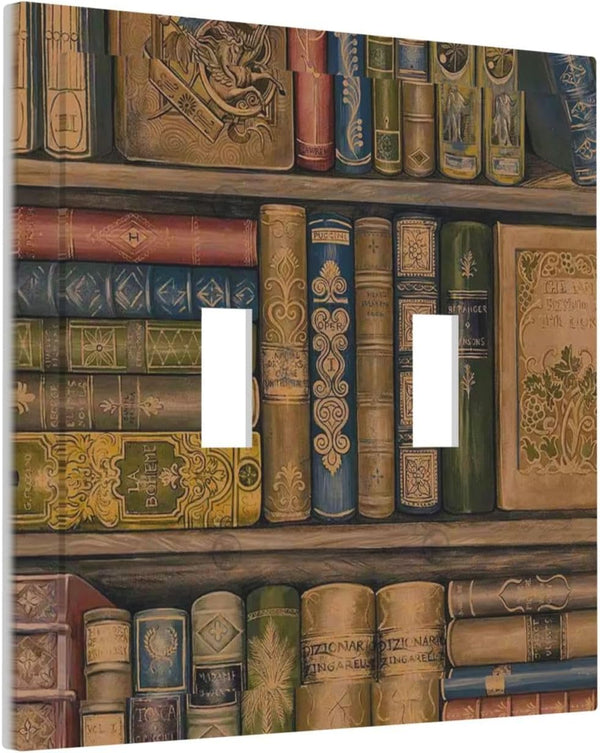 Retro Printed Bookshelf Vintage Bookcase Double Toggle Light Switch Cover Decorative 2
