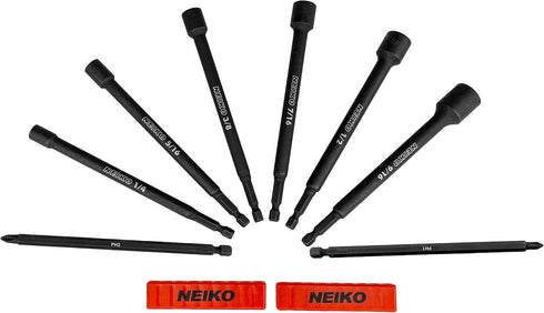NEIKO 10067A Magnetic Impact Nut Driver and Power Bit Tool Set | 8 Pieces, SAE | 6 Inches with Magnetic Tip Sockets