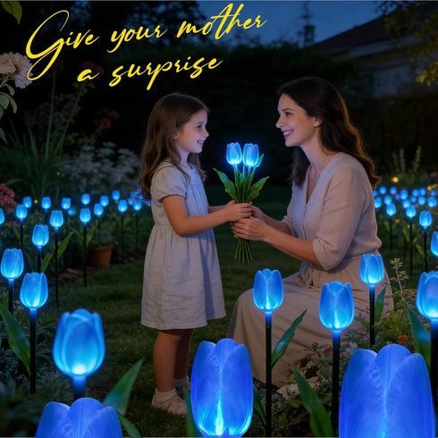 X-GiftKey 6PACKS Garden Gifts for Mother Day Decorations - Cute Artificial Tulip Blue Flower with Outdoor Path Lights