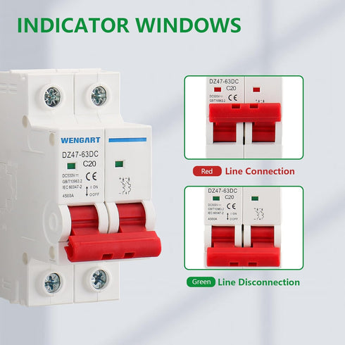 DC Miniature Circuit Breaker DZ47-63Z, 500V 2 Poles 10-63A for Battery and Solar PV Systems, DIN Rail Mount