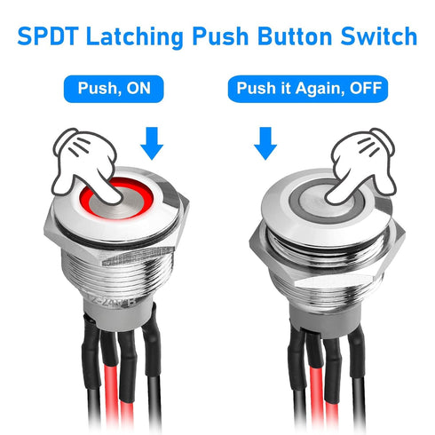 Linkstyle 19mm Latching Push Button Switch, 12V Metal Self Locking SPST ON-Off with Wiring Harness & Red Light (5Pcs)