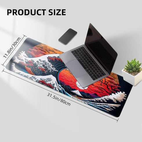 Japanese Sea Waves Large Gaming Mouse Pad, Waterproof Desk Mat, Non-Slip Rubber Base, 31.5x11.8 Inch