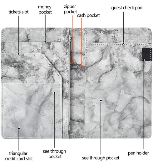 Server Books for Waitress - Marble Texture Leather Wallet with Zipper Pocket, Cute Organizer with Money Pocket