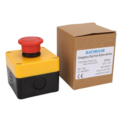 Baomain Red Sign Emergency Stop Switch, 660V Weatherproof Push Button Switch with Box