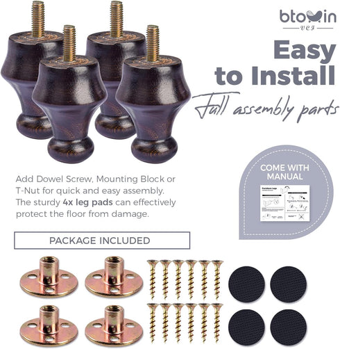 Btowin 2.4 Inch 6cm Legs,4Pcs M8 / Solid Wood Furniture Wooden Walnut Sofa Legs DIY Replacement Bun Feet with Threaded