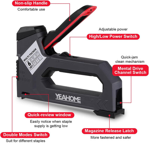 YEAHOME 6-in-1 Staple Gun Heavy Duty, Upholstery Manual Brad Nailer Power Adjustment Stapler Gun with 5000 Staples for Fixing Material, Wood, Crafts, Carpentry, Decoration DIY by YEAHOME