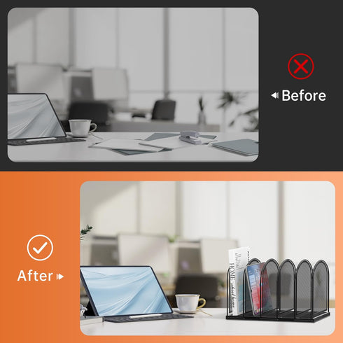 SUPEASY Black 5-Section Mesh File Organizer, Upright Desktop Organizer, File Sorter for Office Supplies
