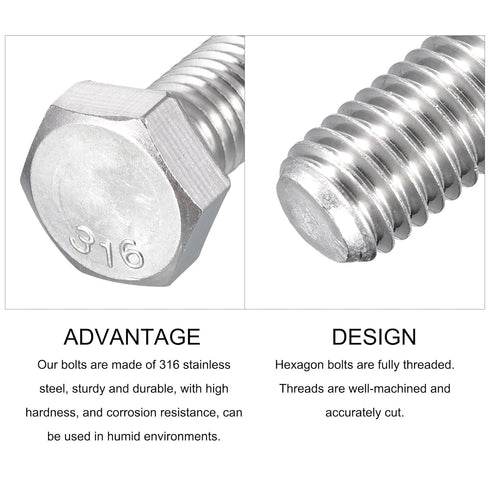 Hex Bolts 5Pcs (1/2-13x2") - 316 Stainless Steel UNC Fully Threaded Hex Head Screw Bolt for Furniture Repair, Silver