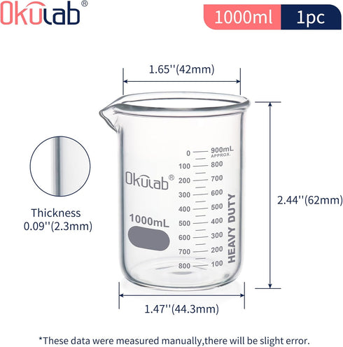 Heavy Duty Glass Beaker Set, 1000ml Thick-Walled 3.3 Borosilicate Glass Beakers with Double Scale Graduation, HBKG1000A1