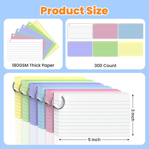 WAYISUL 300 Count 3x5 Inch Colored Index Cards with Ring, Heavy Weight Flash Cards, Note Taking Supplies, Portable Note