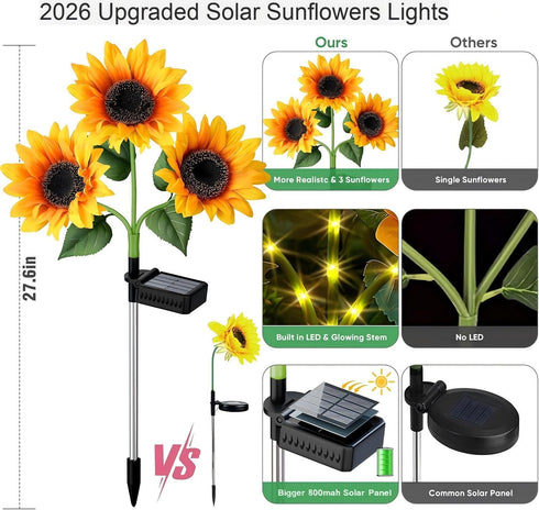6 Pack 18 800mAh 12H IP65 Solar Flowers Outdoor Waterproof: Gifts for Mom Mothers Day - Sunflower with Vivid Large