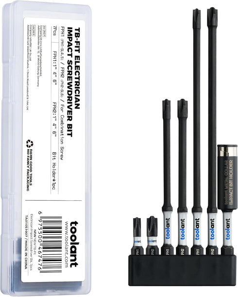 toolant 7pcs TB-Fit Electrician Impact Screwdriver Bit Set, 1/4 Hex-Shank S2 Steel with Magnetism Tips