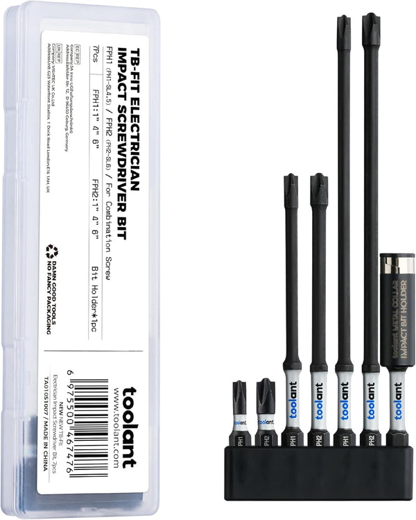toolant 7pcs TB-Fit Electrician Impact Screwdriver Bit Set, 1/4 Hex-Shank S2 Steel with Magnetism Tips