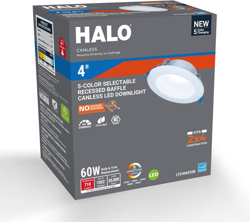 4 Dimmable 2700K-5000K, 650 LTC406FS5B HALO LT in Canless LED Recessed Light Indoor/Outdoor Ceiling Downlight, Wet