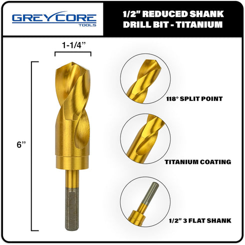 Tools 1-1/4 Inch Reduced Shank Drill Bit, 1/2" 3-Flat Shank, High Speed Steel with Titanium Coating for Steel, Wood